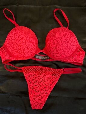 Victoria's Secret Red Lace Push-Up Bra & Thong Set